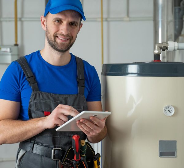 Technician servicing an hot-water heater. Man check equipment of the boiler-house - thermometer